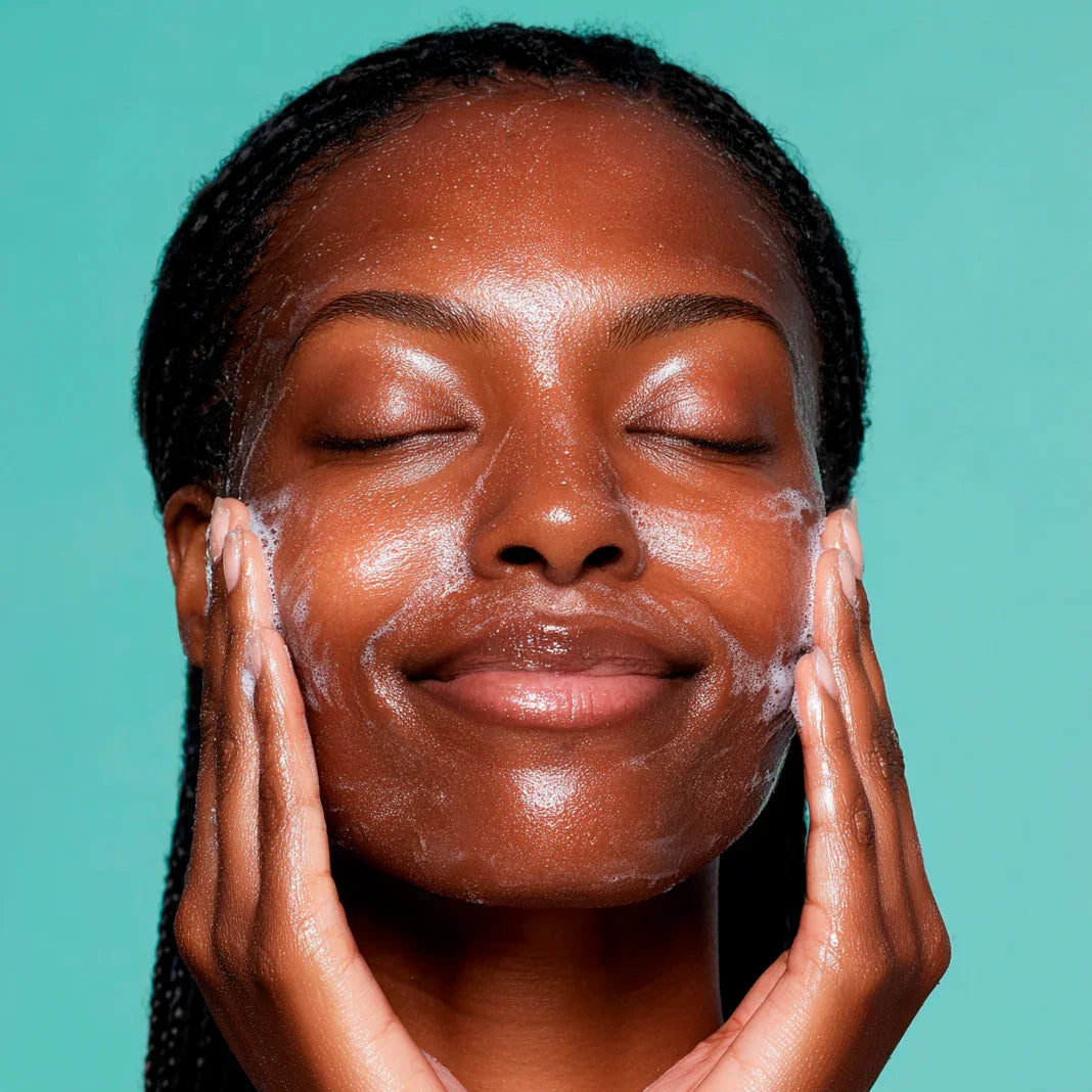 Woman cleansing face with foaming skincare, glowing skin, Bohemia Skin clean beauty