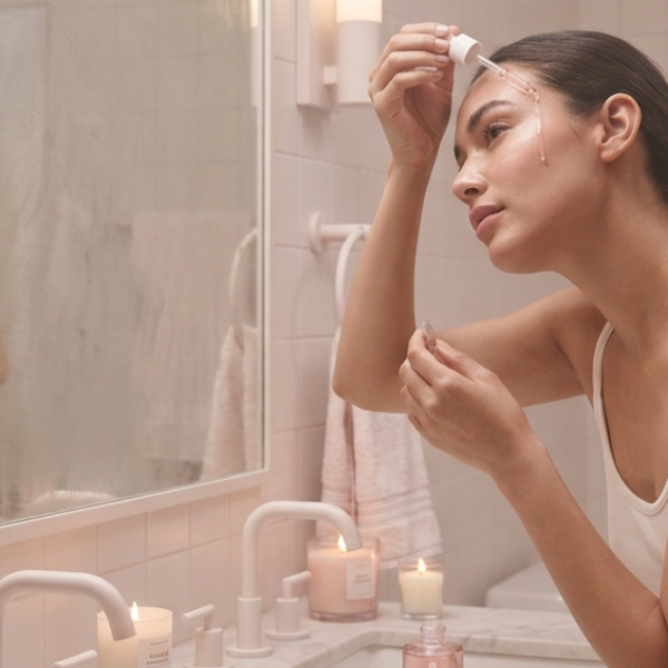 Kays Glow Serum PM Routine Woman Bathroom Mirror