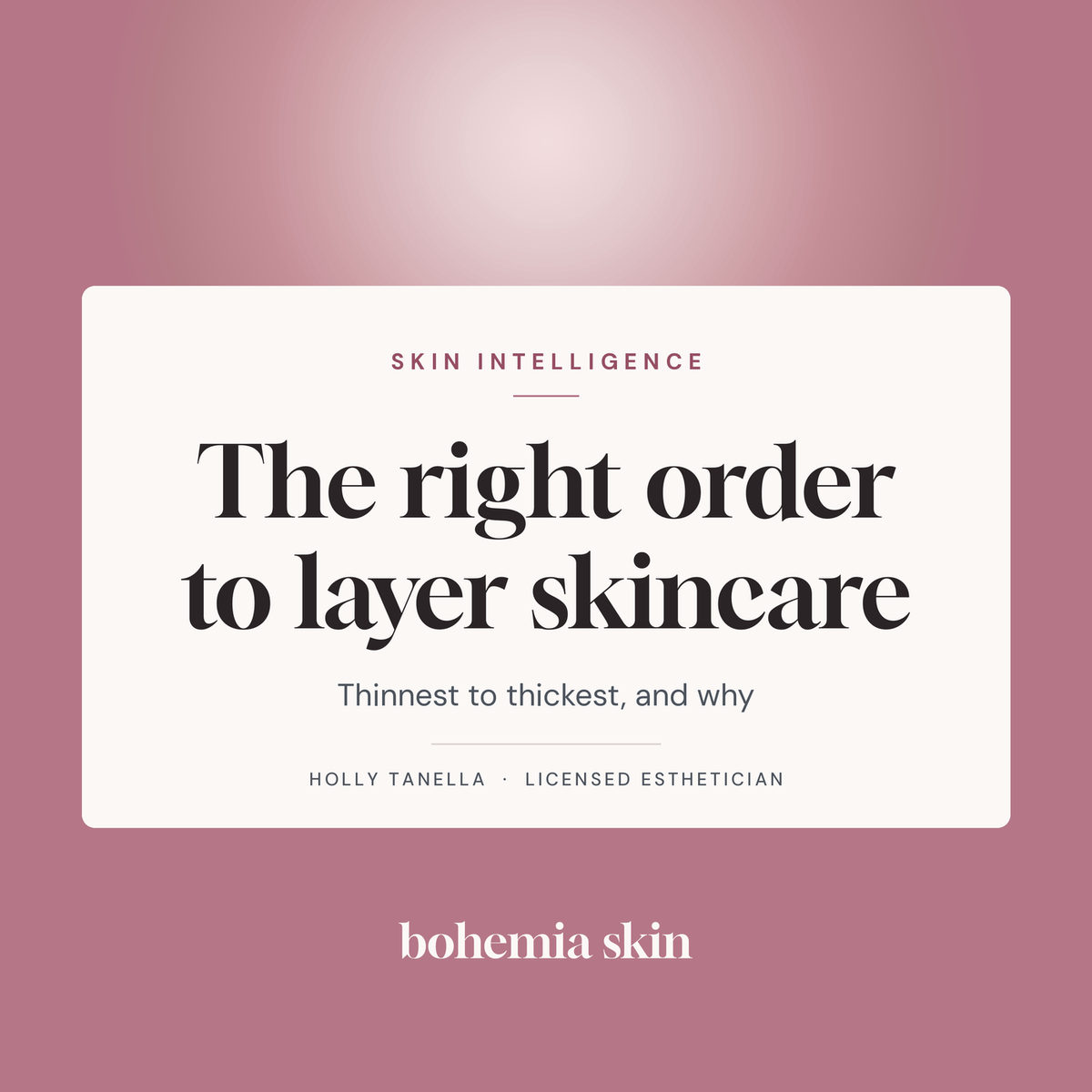 Three skincare steps laid out in application order for sensitive skin: a cleansing balm, a lightweight serum, and a richer moisturizer, arranged thinnest to thickest on a soft neutral surface.
