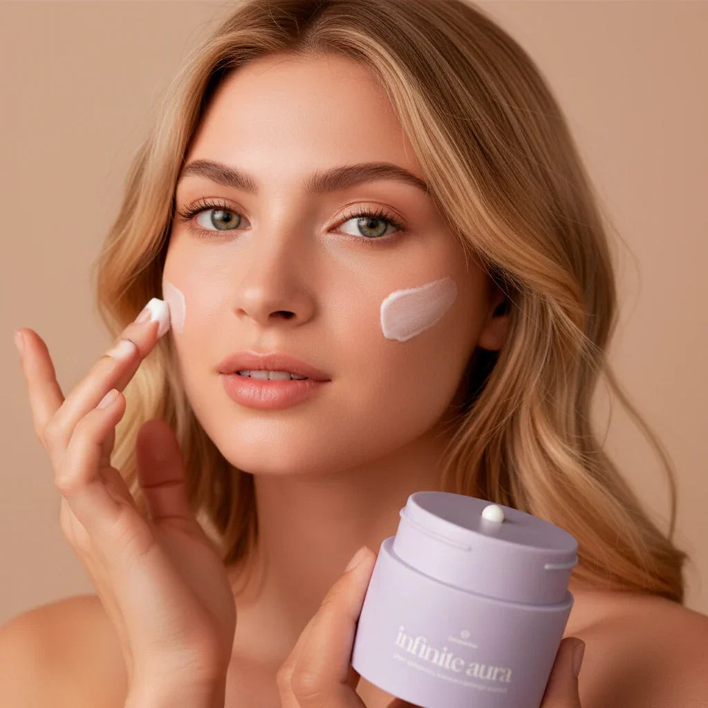 Woman applying Bohemia Skin holistic skincare cream with radiant, fresh complexion