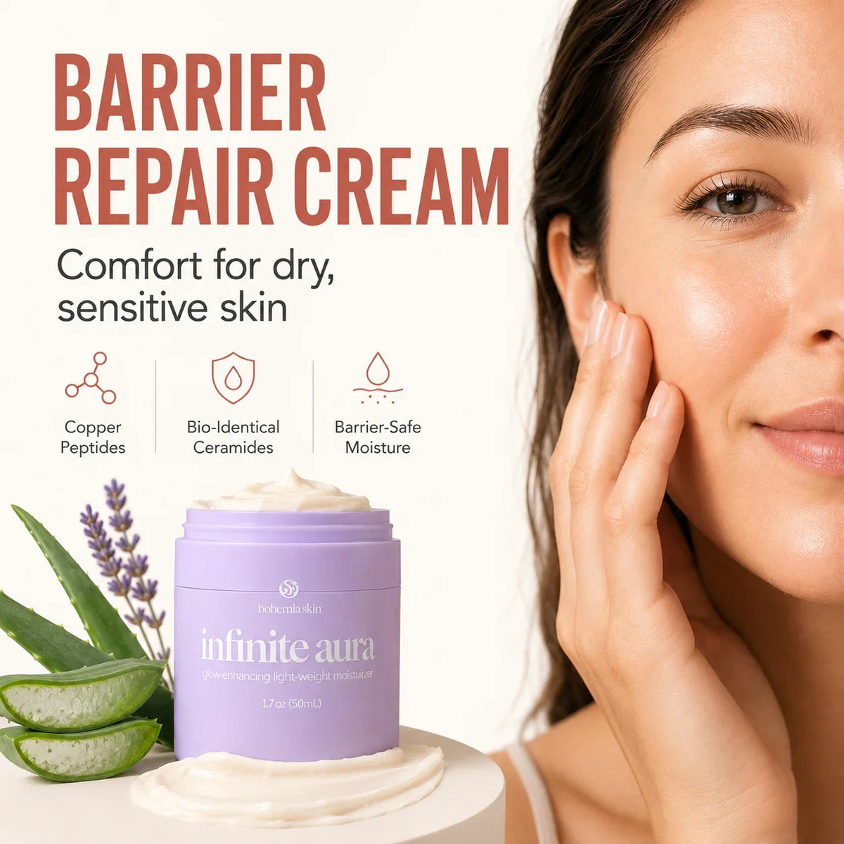 Model holding Infinite Aura Moisturizer for barrier support and soft hydrated skin