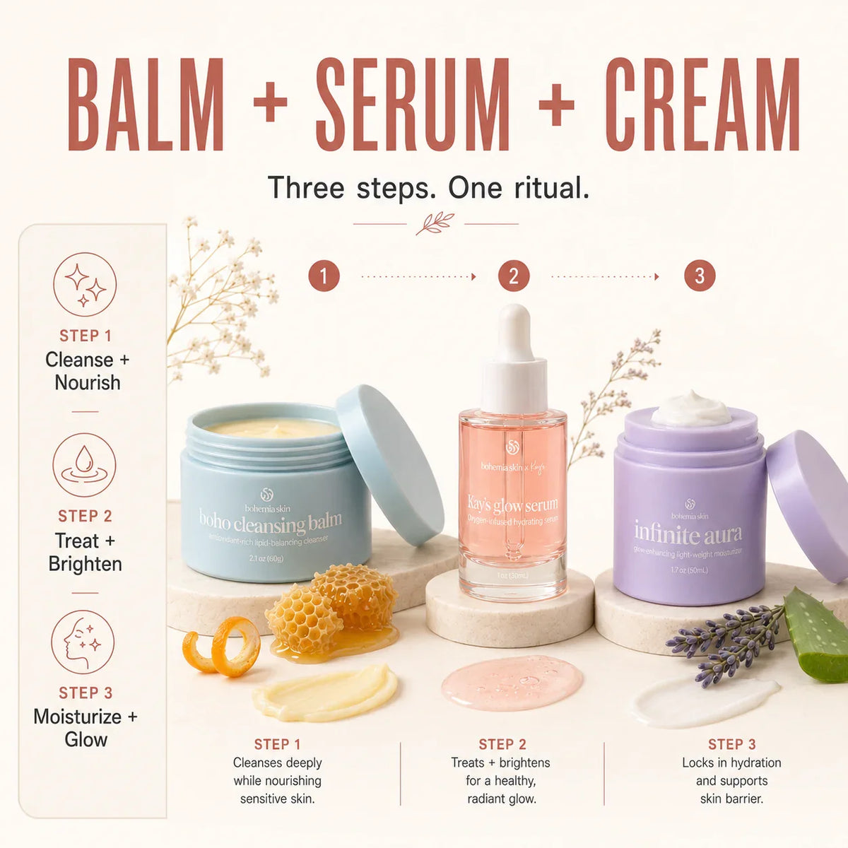 Bohemia Skin three-step routine showing balm cleanser, glow serum, and barrier moisturizer
