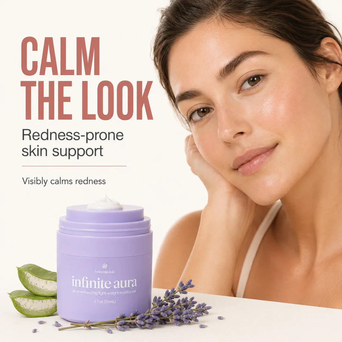 Model applying Infinite Aura Moisturizer as a calming final step in a skincare routine