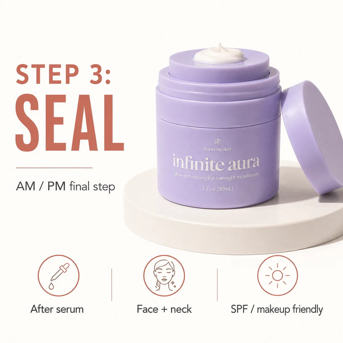 Infinite Aura Moisturizer jar with seal in moisture message for soft comfortable skin