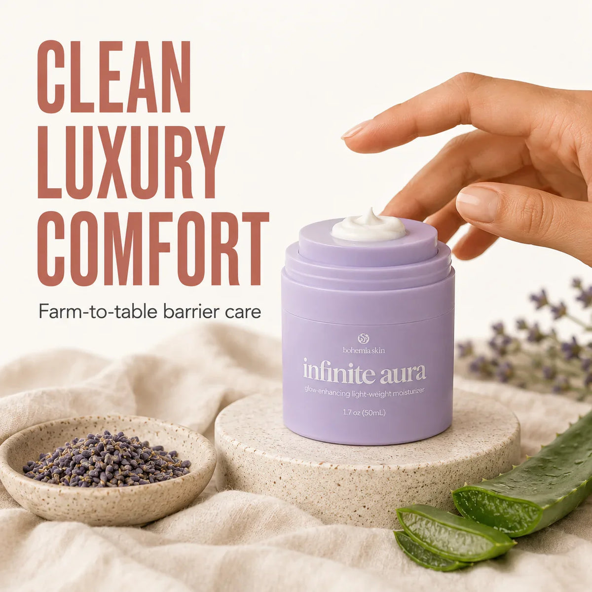 Infinite Aura Moisturizer with clean comfort skincare texture and botanical ingredients