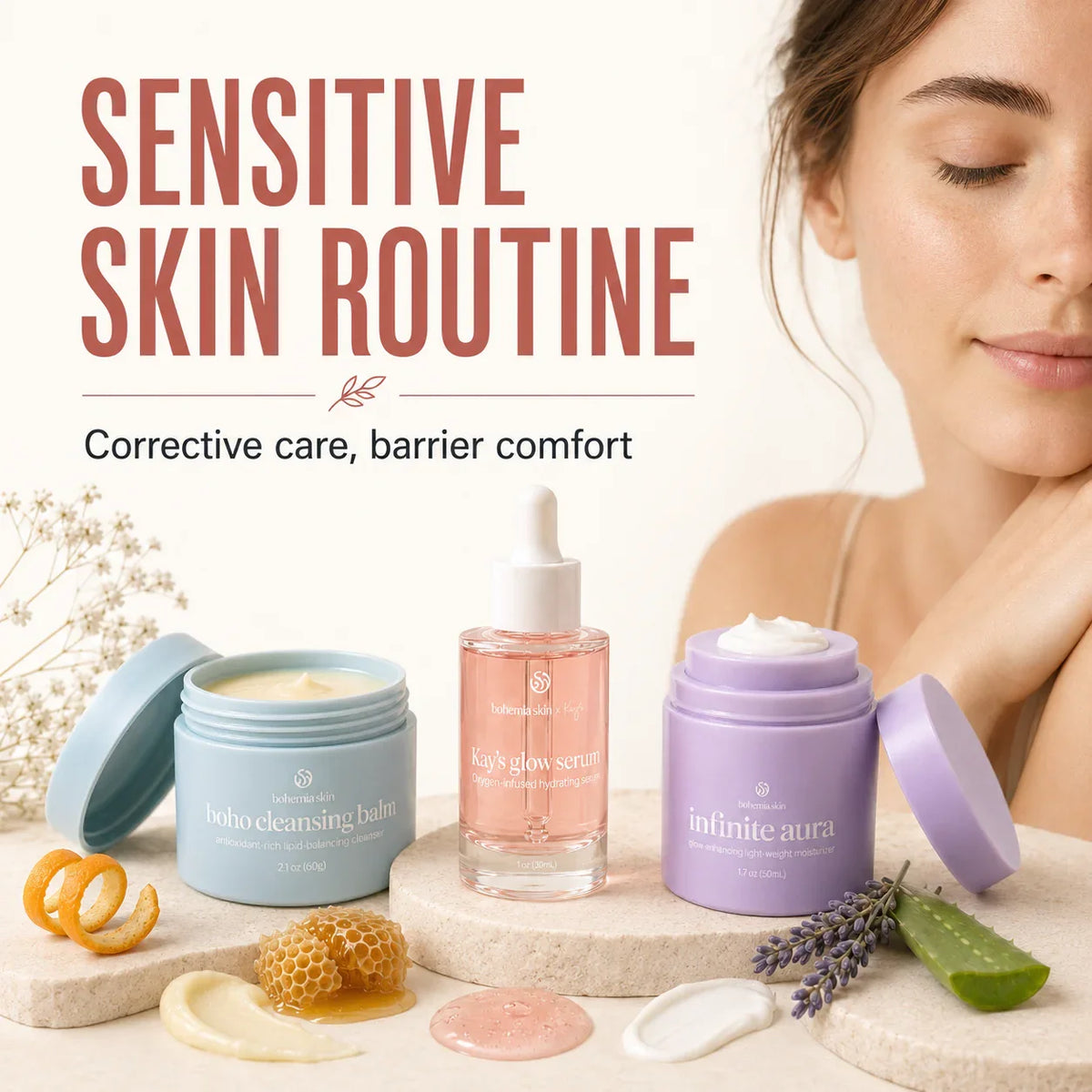Model with The Bohemia Skin System for a complete sensitive skin skincare routine