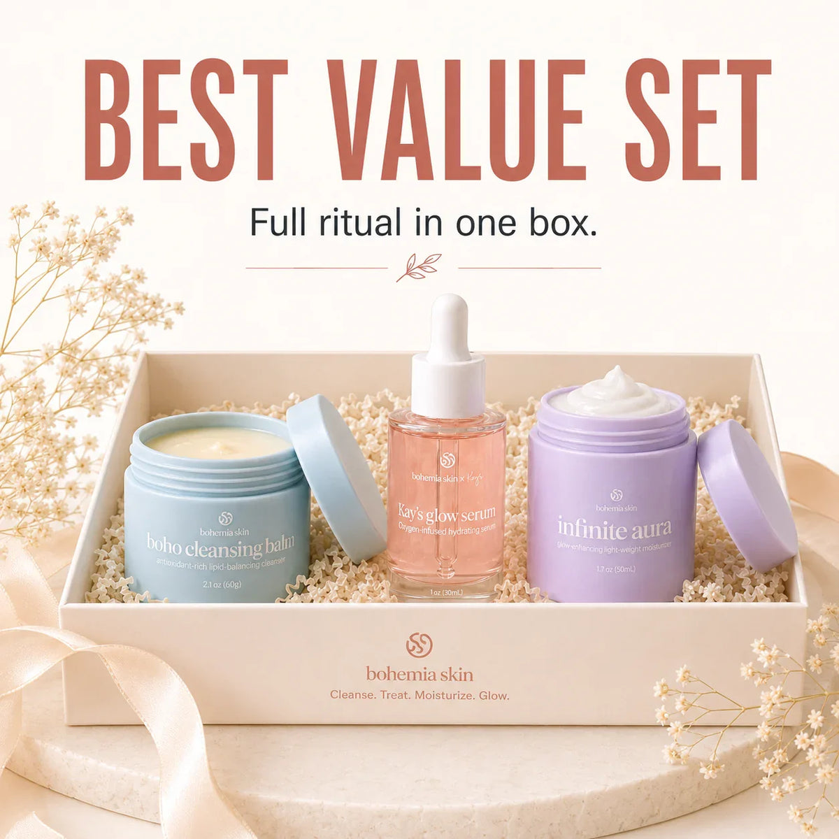 The Bohemia Skin System best value set with cleanser, serum, and moisturizer
