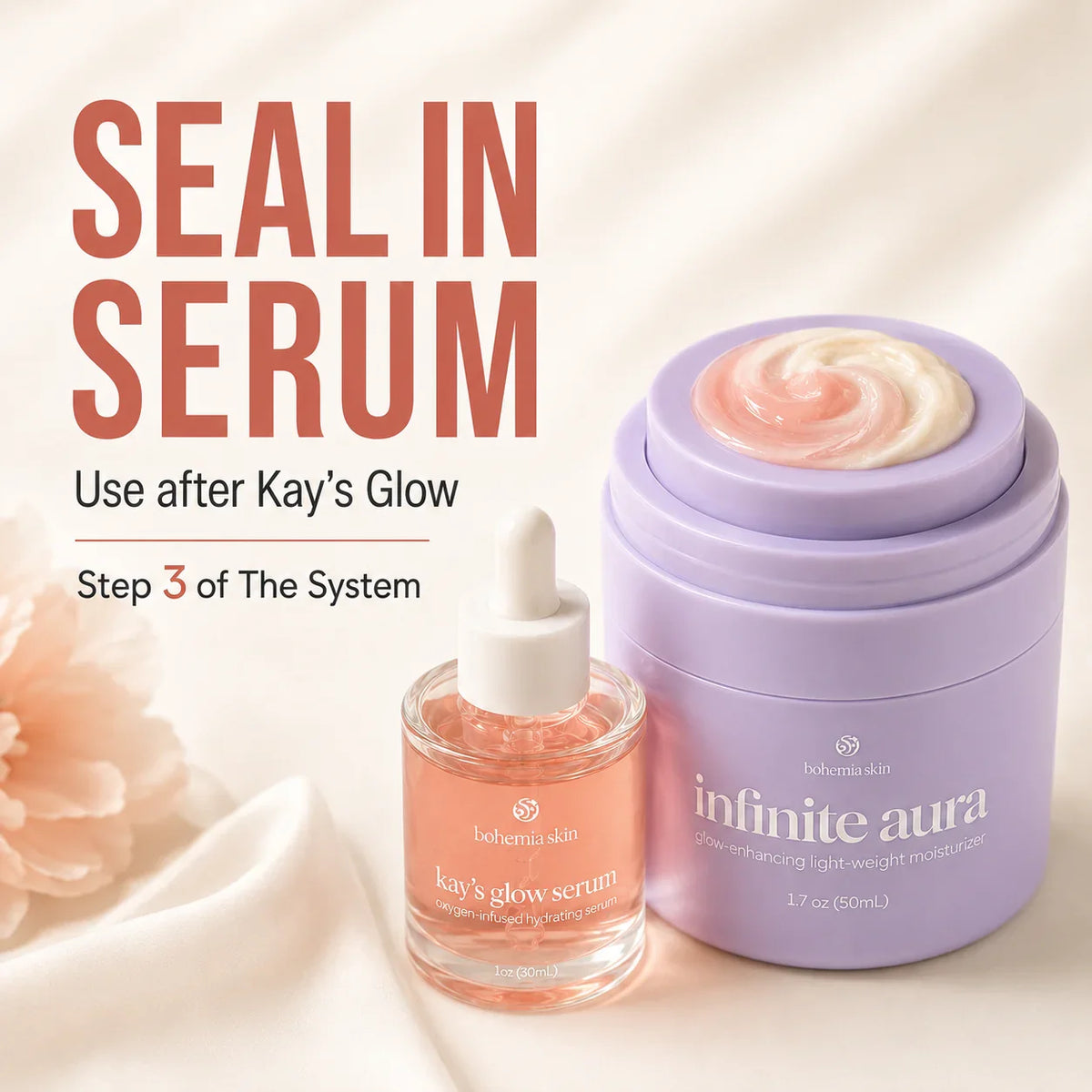 Infinite Aura Moisturizer shown with Kay’s Glow Oxygen Serum for a serum and moisturizer routine