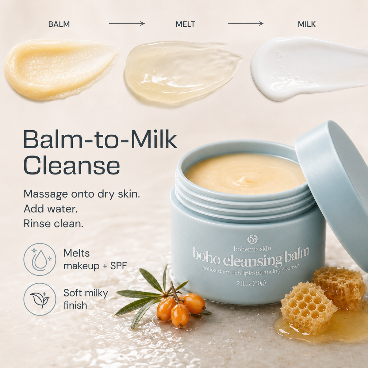 Boho Cleansing Balm transforming from balm to milk with water