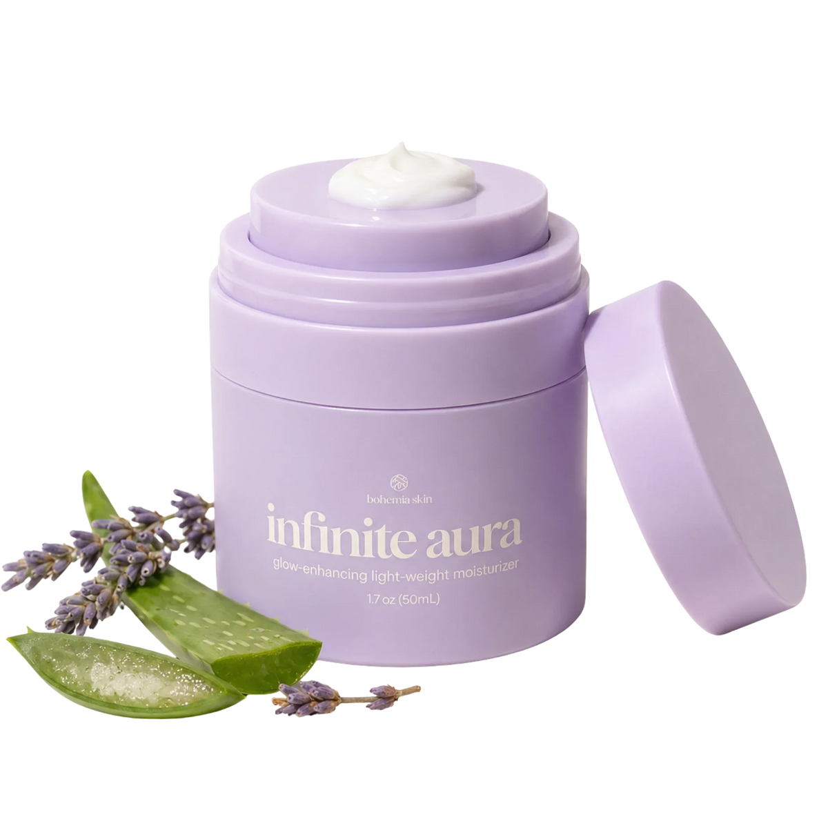 Infinite Aura Moisturizer airless pump jar with soft botanical ingredients for sensitive skin hydration