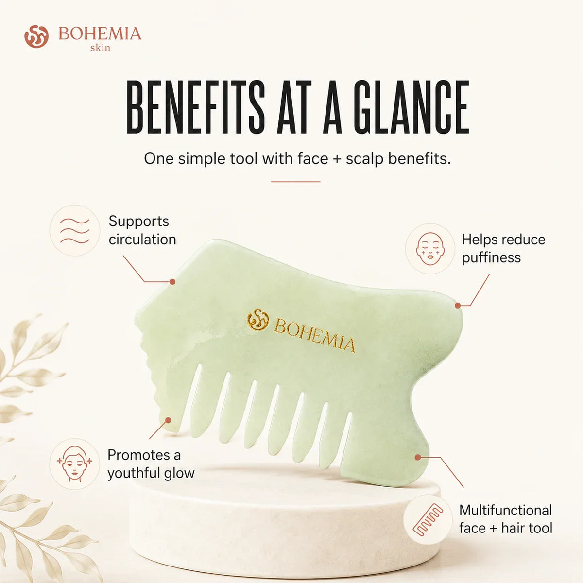 Benefits of the Bohemia Skin jade gua sha comb for face and scalp