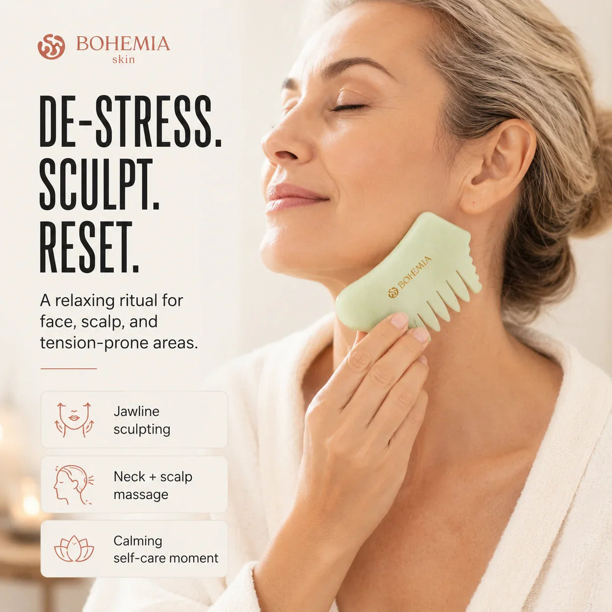 Jade gua sha comb used for a calming scalp and facial massage