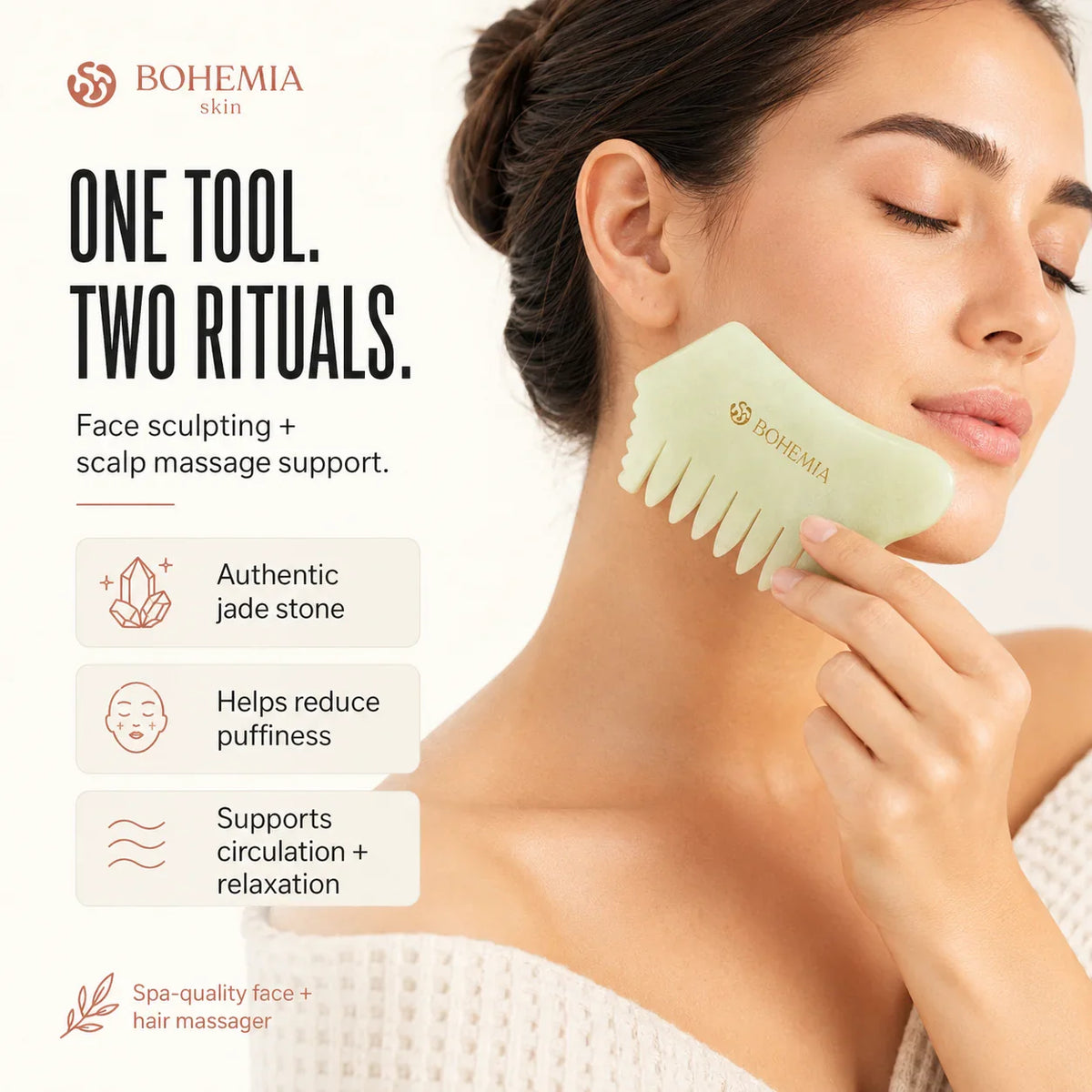 Jade gua sha comb shown as a dual tool for facial massage and hair
