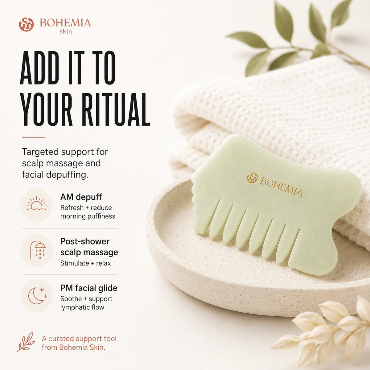 Jade gua sha comb sized to fit comfortably in the hand