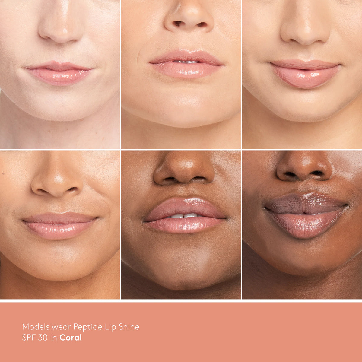 Peptide Lip Shine SPF 30 in Coral applied to the lips