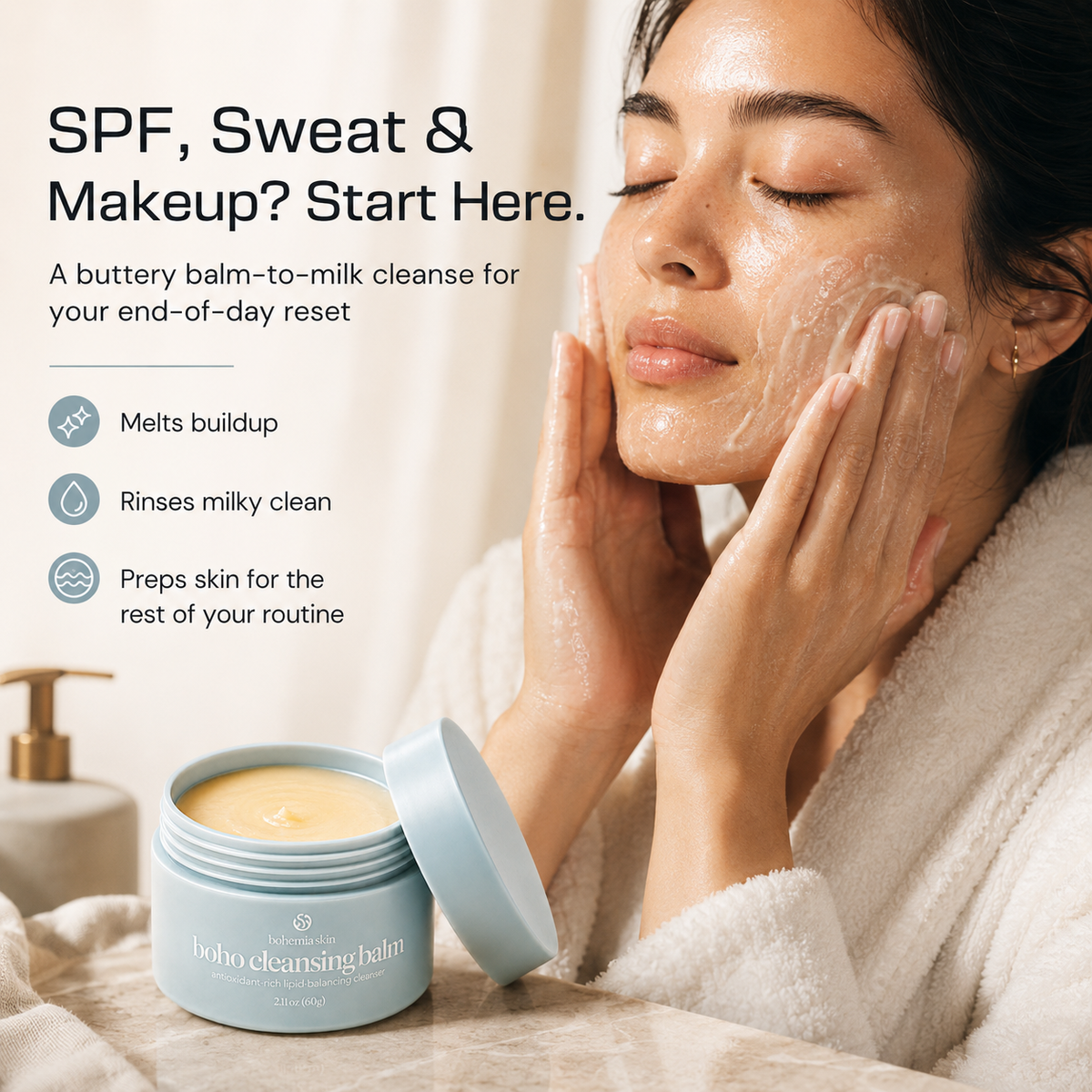 Boho Cleansing Balm melting makeup and SPF without stripping skin
