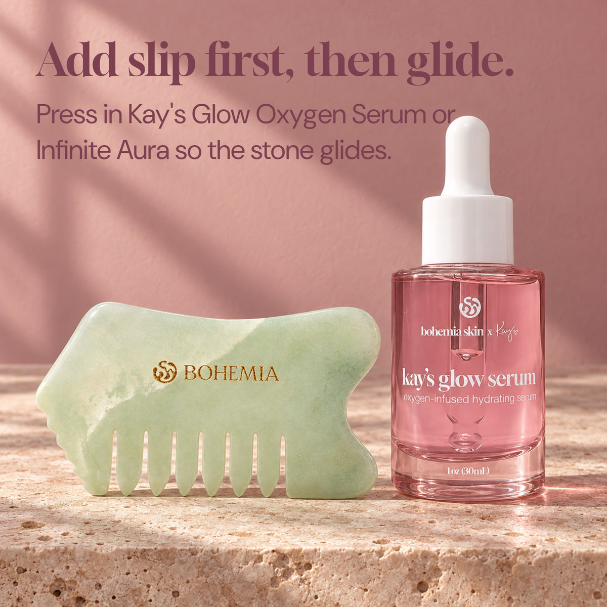 Jade gua sha comb with Kay's Glow Oxygen Serum