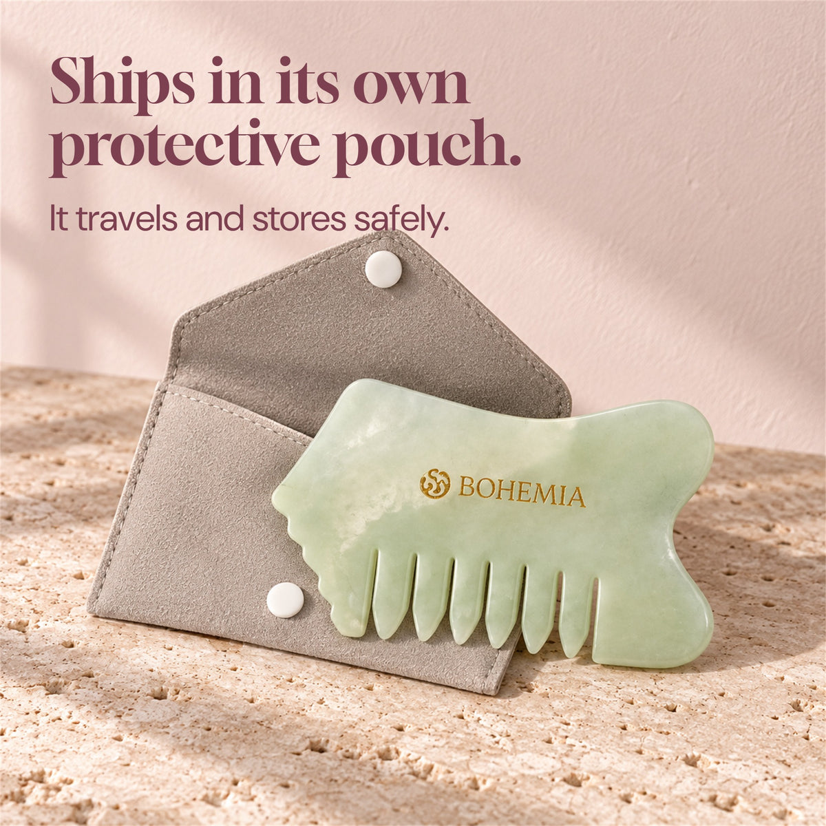 Jade gua sha comb with its protective pouch