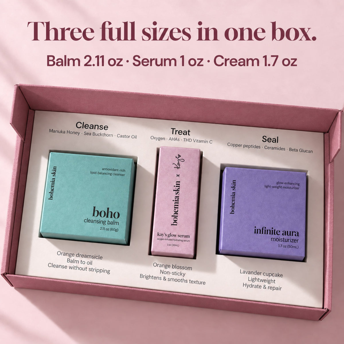 The Bohemia Skin System: balm, serum and cream in their cartons, in the pink mailer box