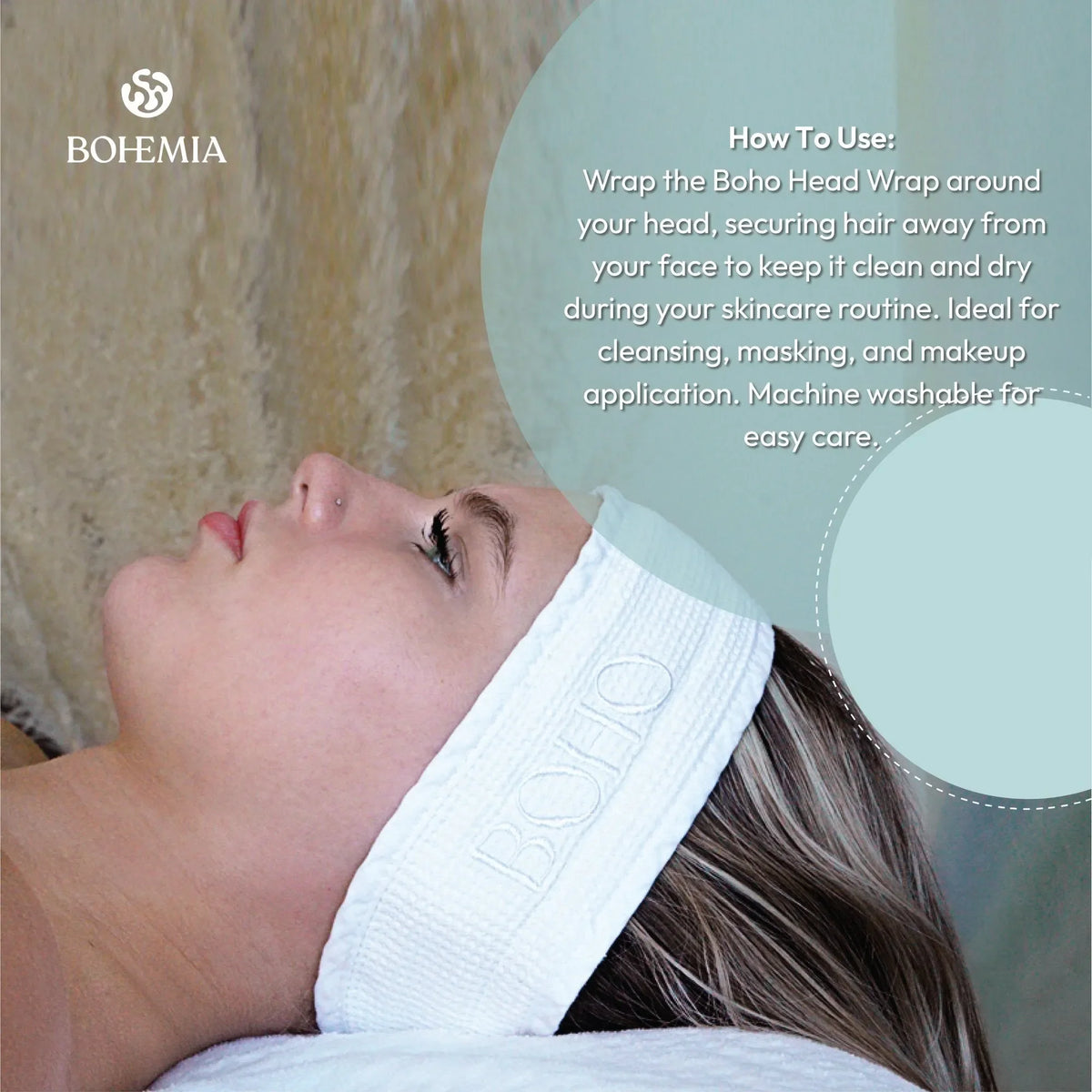 Woman wearing Bohemia Skin white Boho Head Wrap for skincare routine, lying on spa bed.