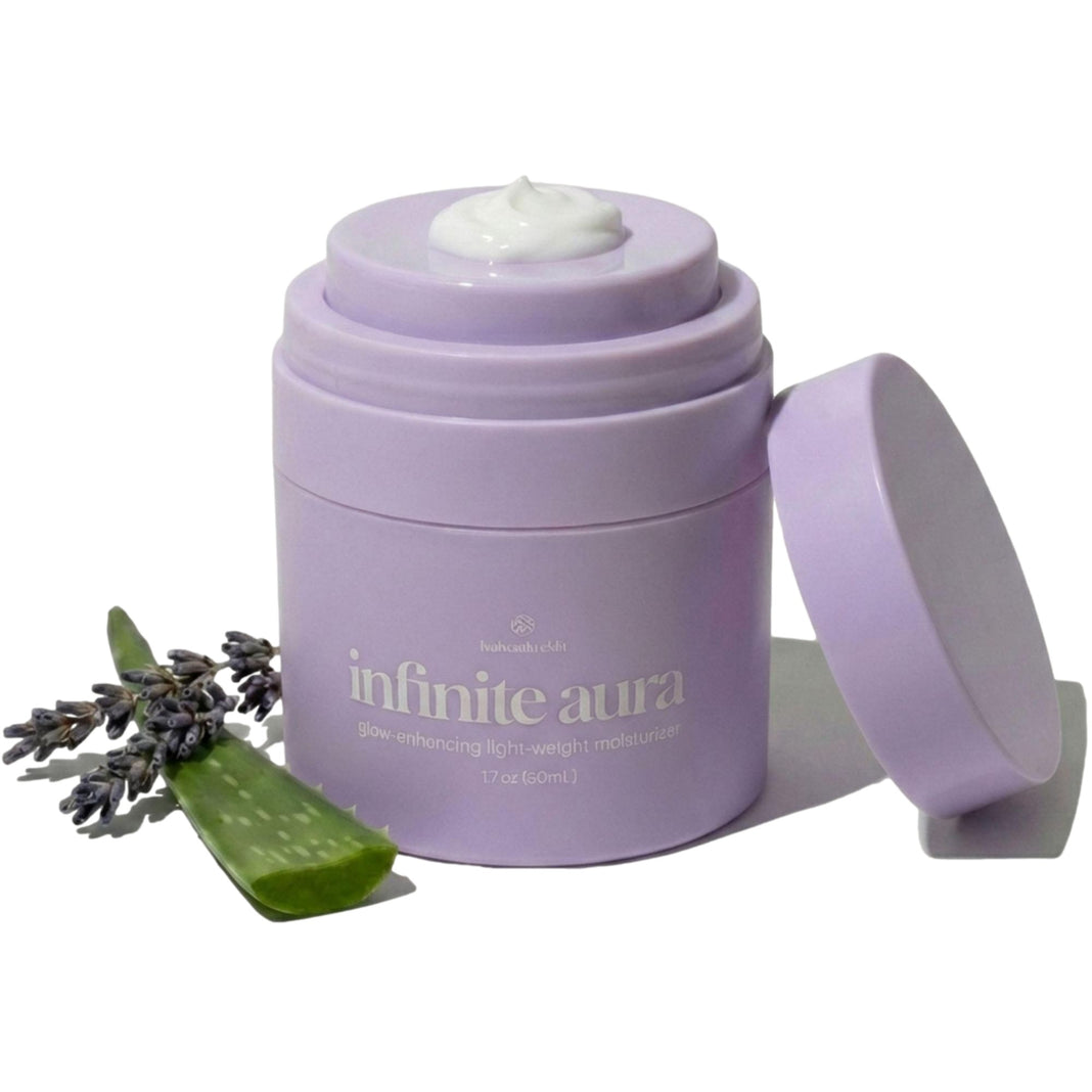 Infinite Aura Moisturizer with cream on its top plate, aloe and lavender