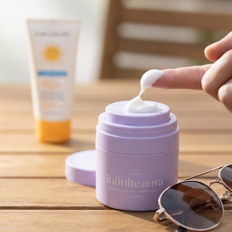 A fingertip lifts Infinite Aura from the top plate, beside sunscreen