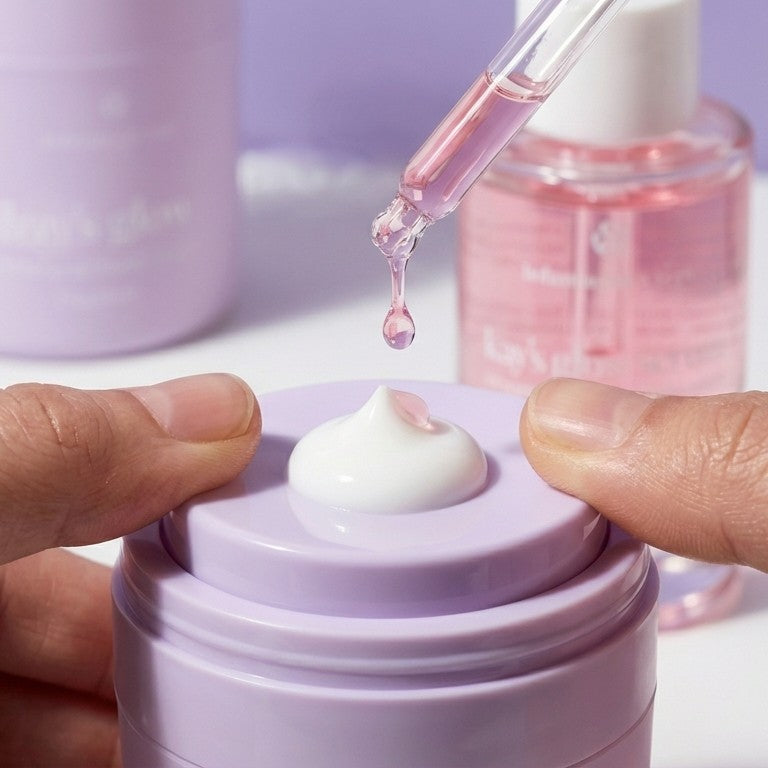 Mixing Kay's Glow Oxygen Serum into Infinite Aura on the top plate