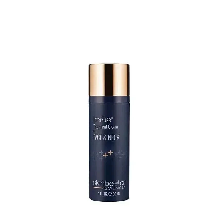 skinbetter InterFuse Treatment Cream Face and Neck navy pump bottle with a gold cap on white, a packshot.