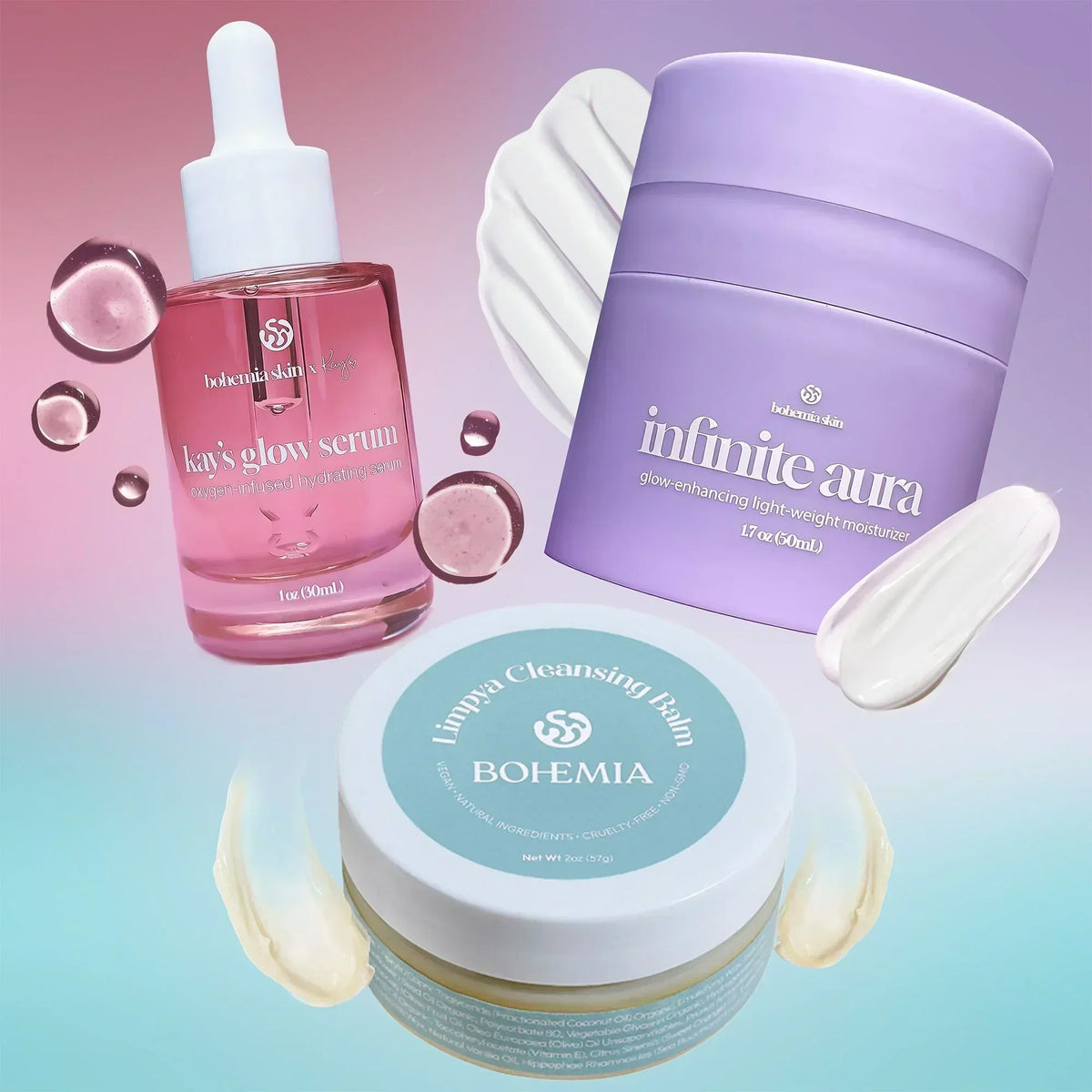 Bohemia Skin glow serum, Infinite Aura moisturizer, Limpya Cleansing Balm on pastel background