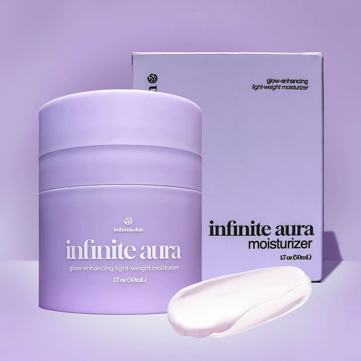 Bohemia Skin Infinite Aura purple moisturizer jar and box with cream smear on lavender background