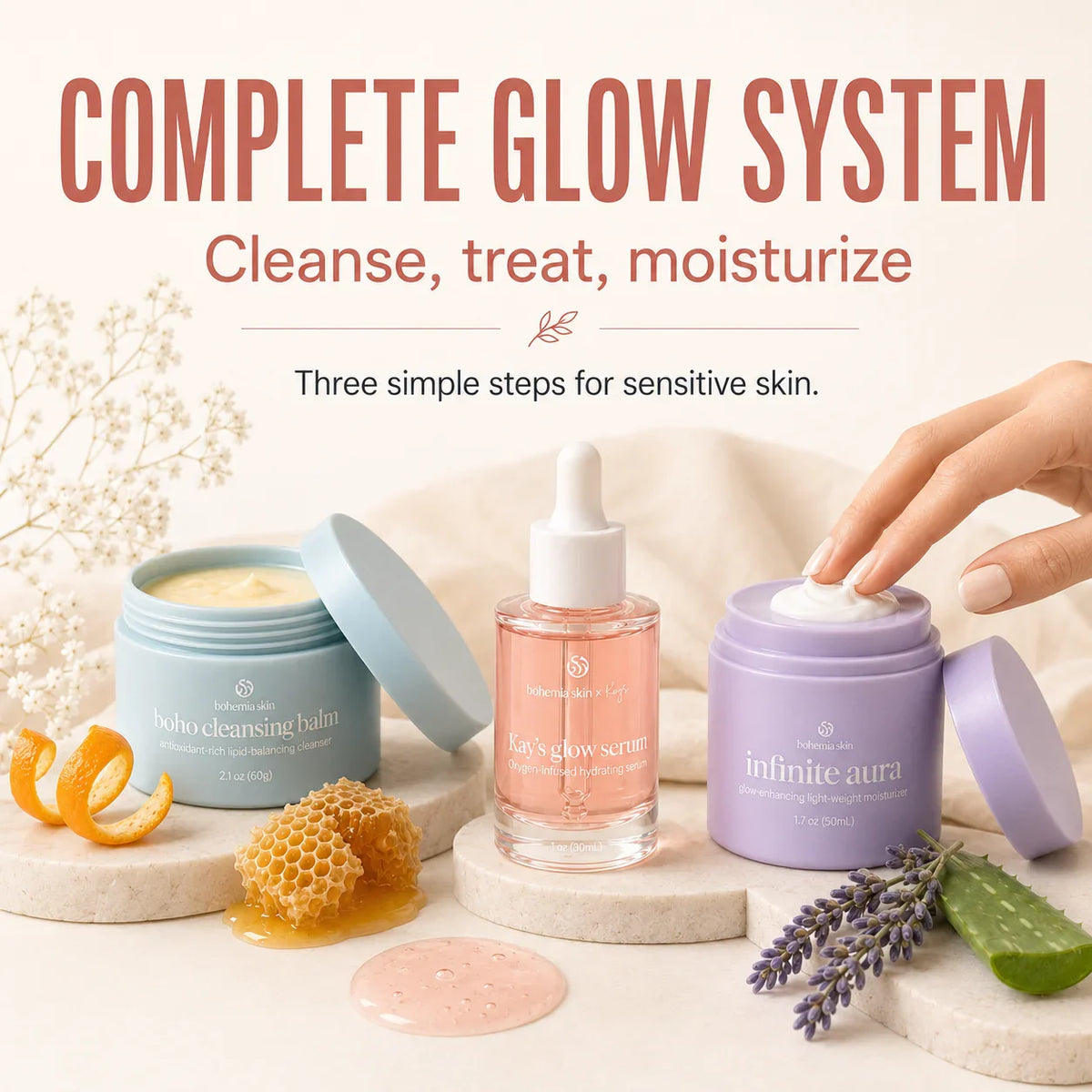 The Bohemia Skin System routine set for cleansing, correcting, and moisturizing sensitive skin