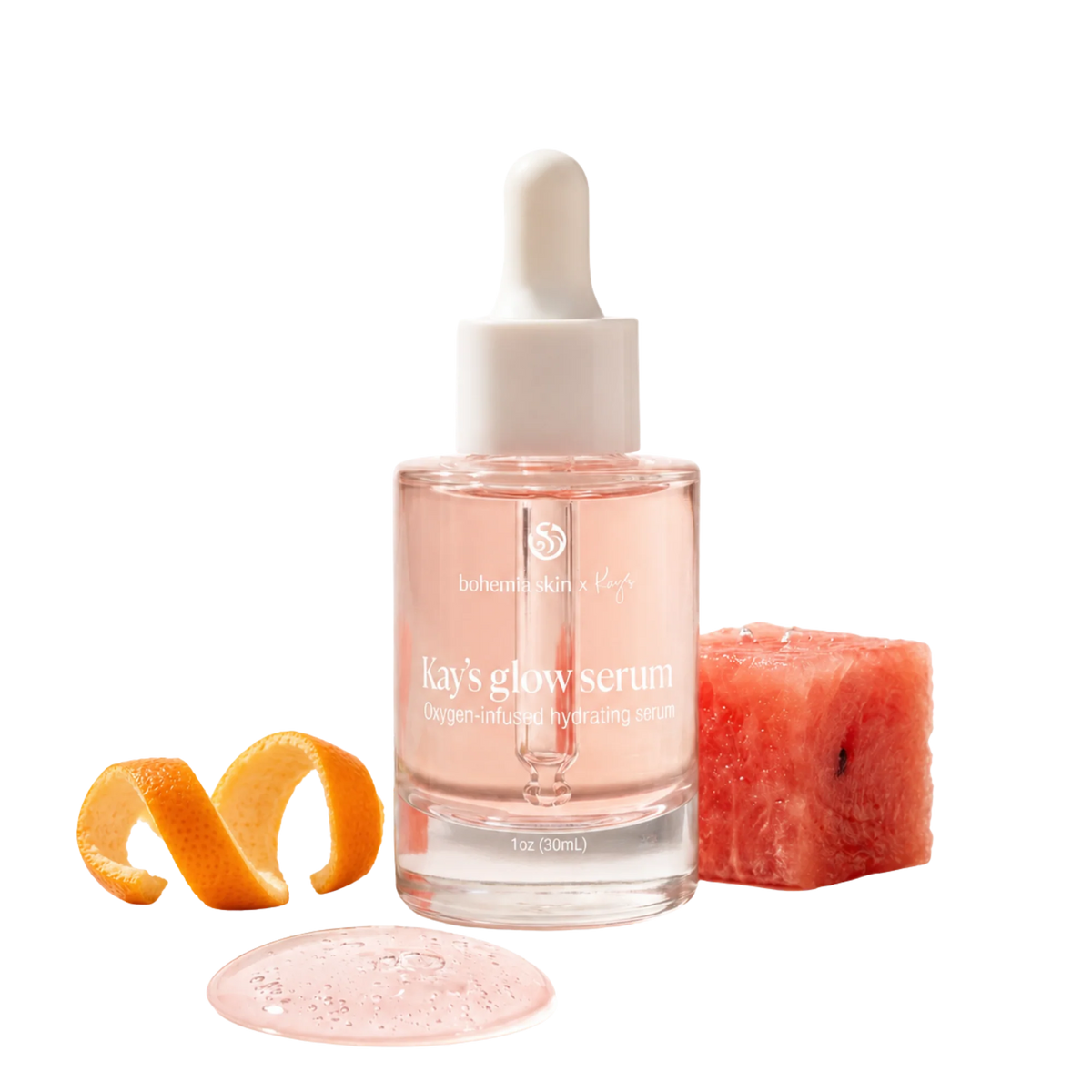 Kay's Glow Oxygen Serum bottle with orange peel and watermelon