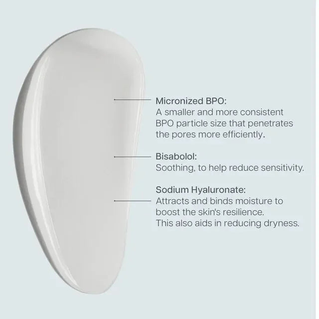 Face Reality Advanced Acne Med cream swatch with an ingredient graphic: micronized BPO, bisabolol, sodium hyaluronate.