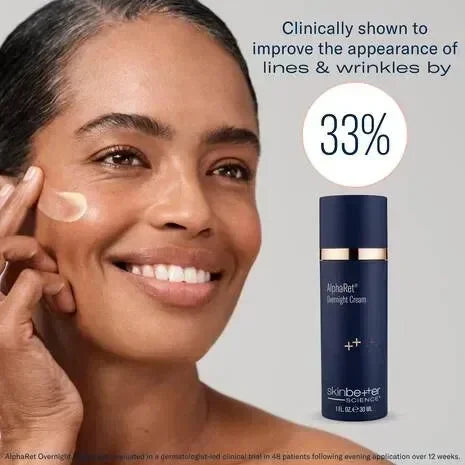 Model applying skinbetter AlphaRet Body Overnight Cream to her cheek, bottle shown beside a statistic graphic.