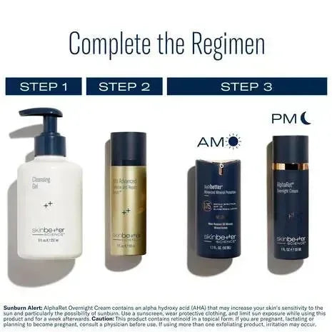 skinbetter Complete the Regimen graphic showing Cleansing Gel, Alto Advanced Serum, sunbetter, and AlphaRet Overnight Cream.