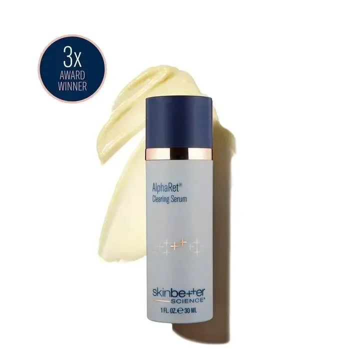 skinbetter AlphaRet Clearing Serum white bottle beside a smeared serum texture swatch on a white background.