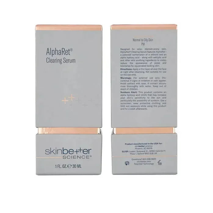 skinbetter AlphaRet Clearing Serum outer box packaging, front and back panels shown side by side on white.