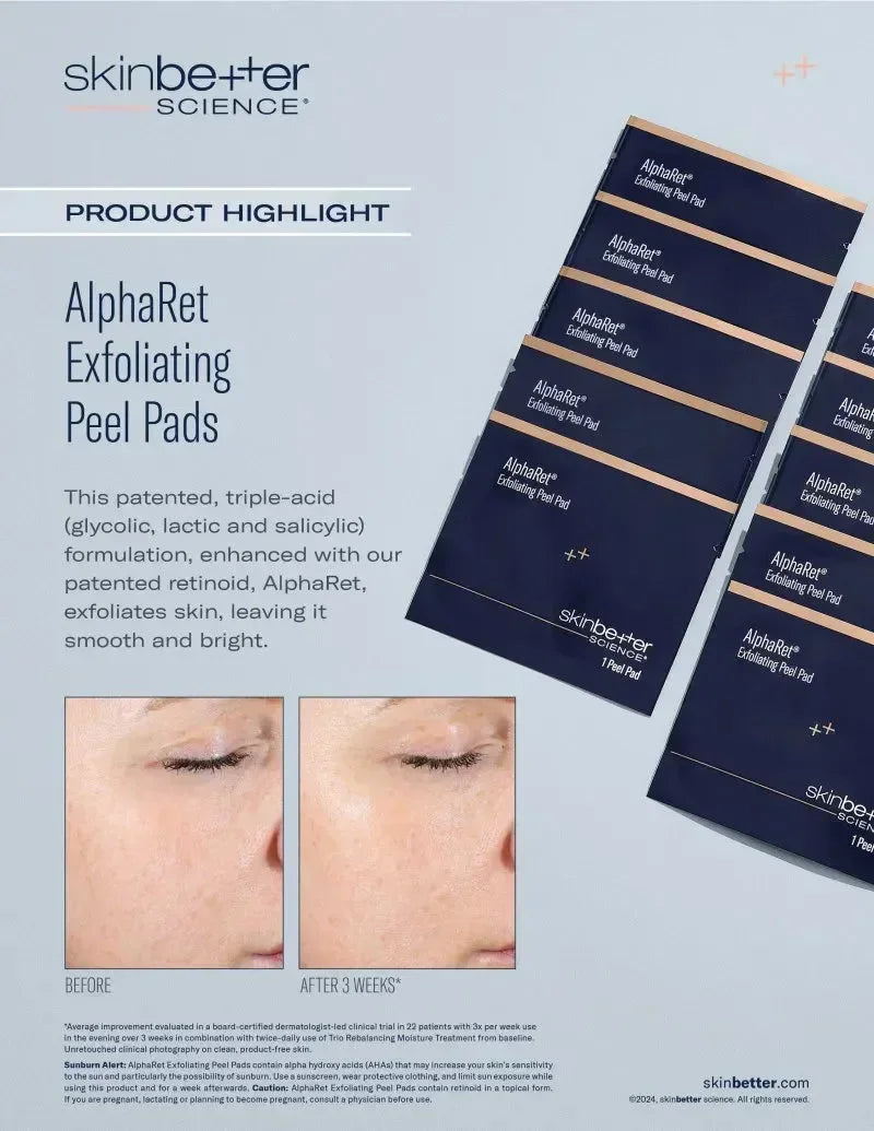 skinbetter AlphaRet Exfoliating Peel Pads graphic with stacked foil packets beside an eye-area photo labelled 3 weeks.