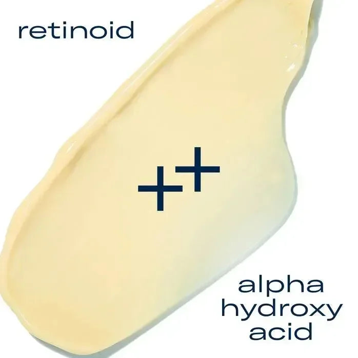 Cream texture swatch for skinbetter AlphaRet Overnight Cream labelled to show its retinoid and alpha hydroxy acid.