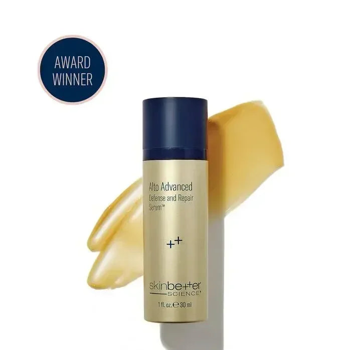 skinbetter Alto Advanced Defense and Repair Serum gold bottle beside a smeared serum texture swatch on white.