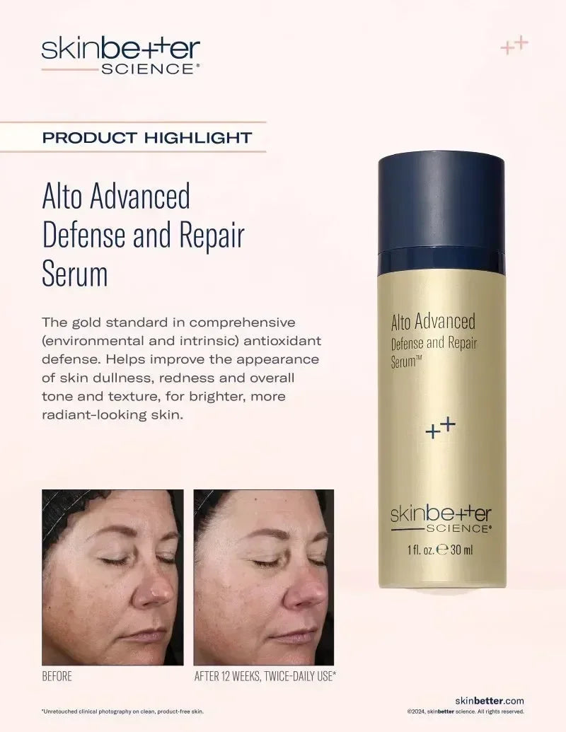 skinbetter Alto Advanced Defense and Repair Serum graphic: bottle beside a face before-and-after photo labelled 12 weeks.