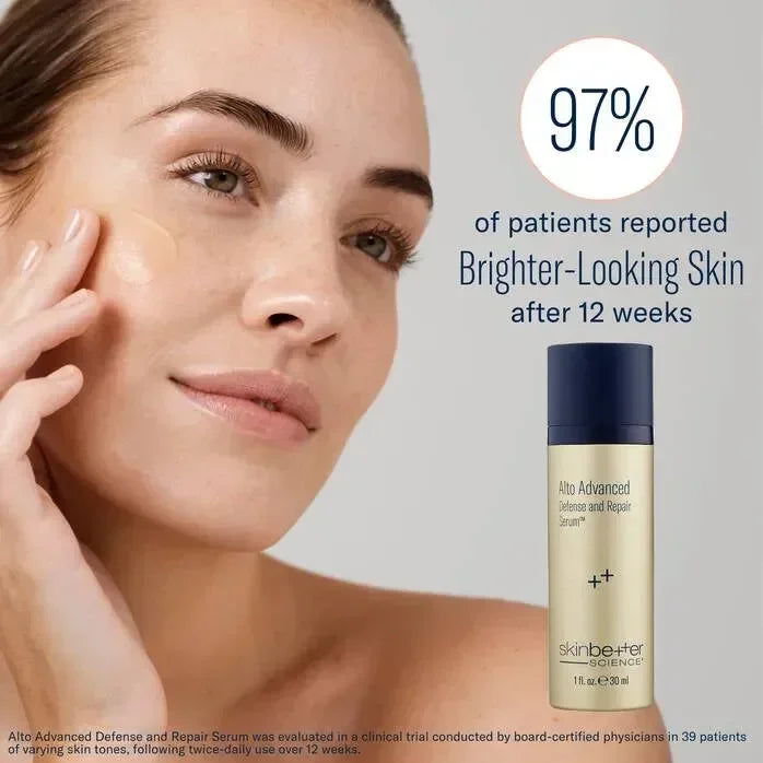 Model applying skinbetter Alto Advanced Defense and Repair Serum to her cheek, gold bottle shown beside a statistic graphic.