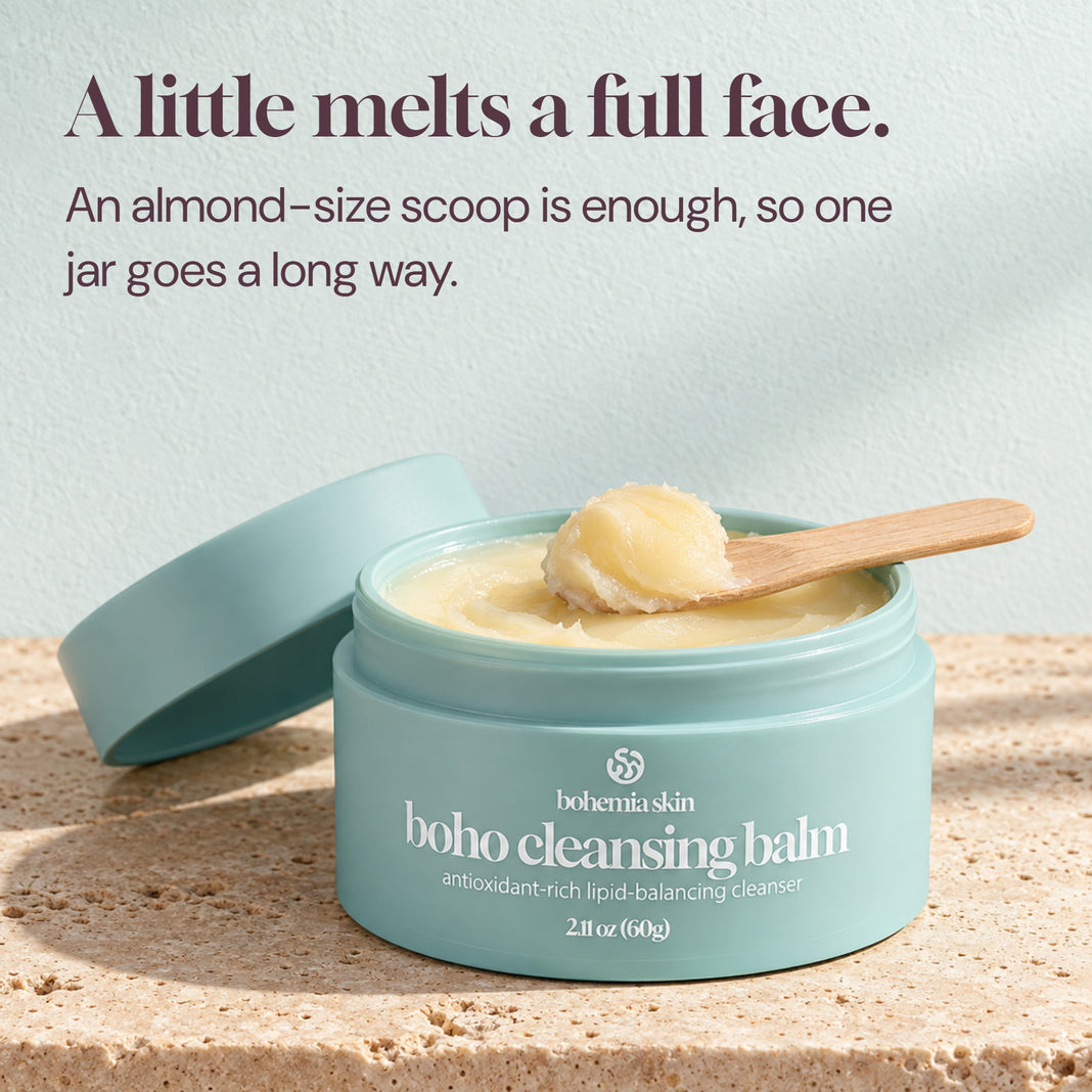 An almond-size scoop of Boho Cleansing Balm on a spatula