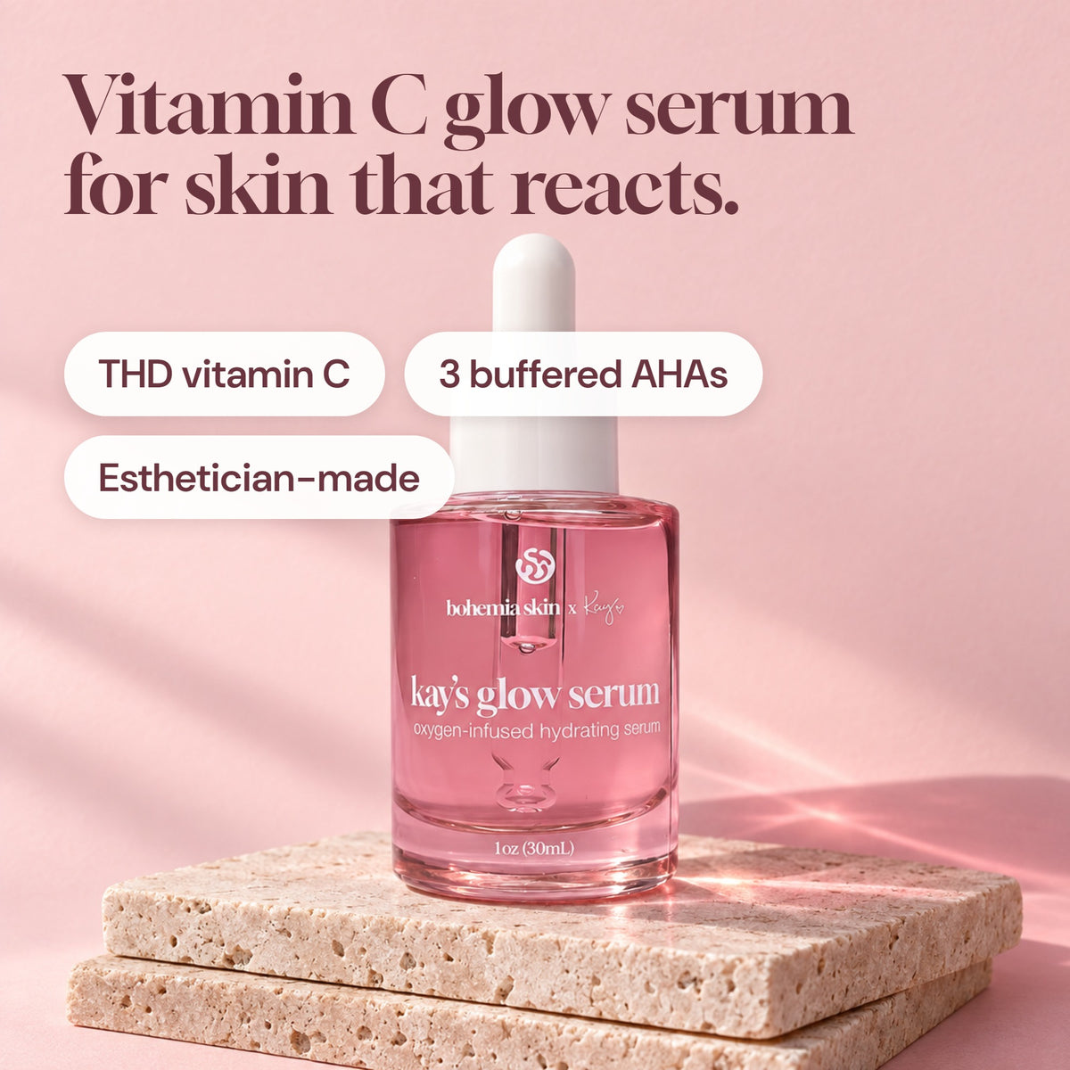 Kay's Glow Oxygen Serum, a vitamin C glow serum for skin that reacts