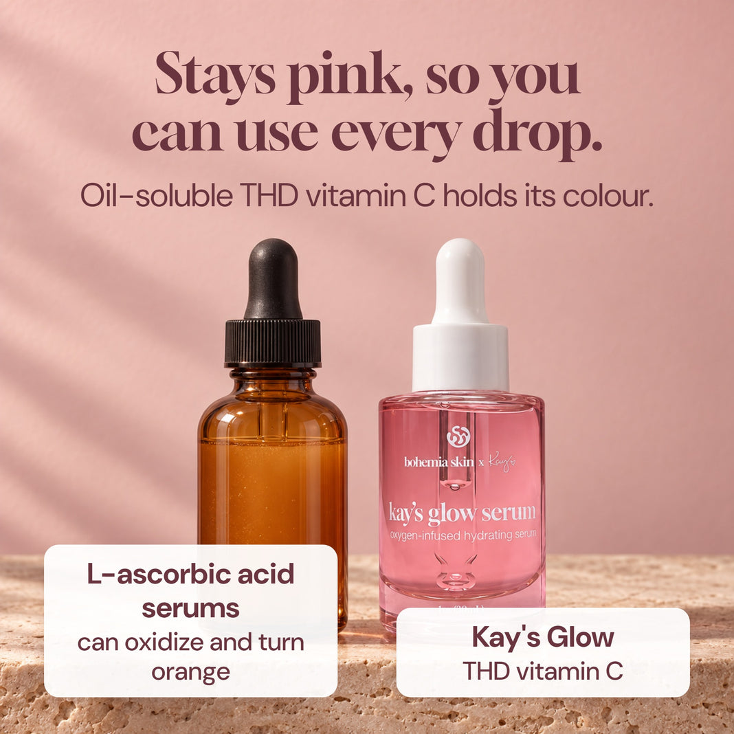 Kay's Glow Oxygen Serum stays pink beside an oxidized vitamin C serum