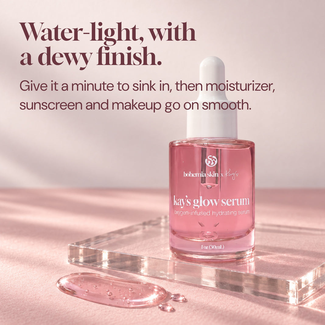 Water-light swatch of Kay's Glow Oxygen Serum with a dewy finish