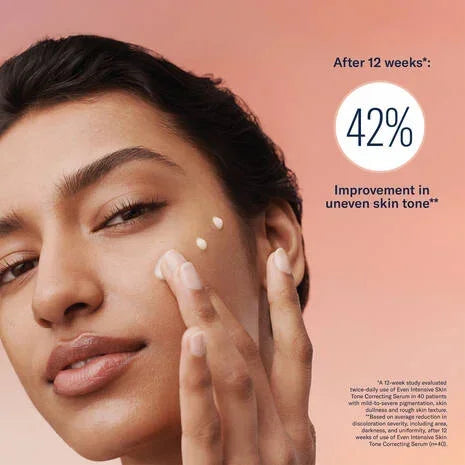 Model applying skinbetter Even Intensive Skin Tone Correcting Serum to her cheek, beside a skin tone statistic graphic.