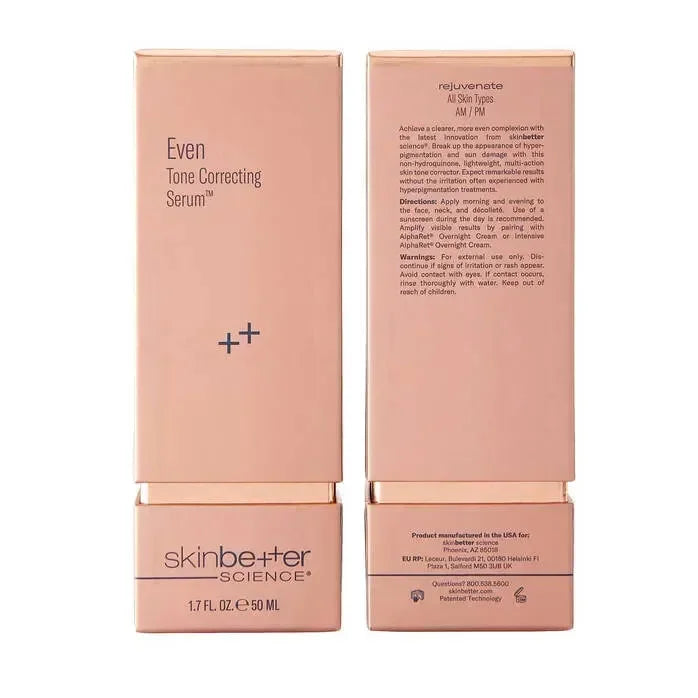 skinbetter Even Tone Correcting Serum outer box packaging, front and back panels shown side by side on white.