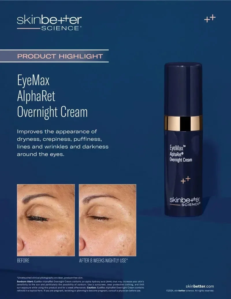 skinbetter EyeMax AlphaRet Overnight Cream graphic: bottle beside an eye-area before-and-after photo labelled 8 weeks.