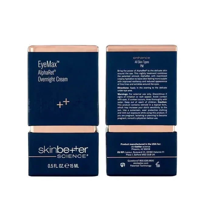 skinbetter EyeMax AlphaRet Overnight Cream outer box packaging, front and back panels shown side by side.